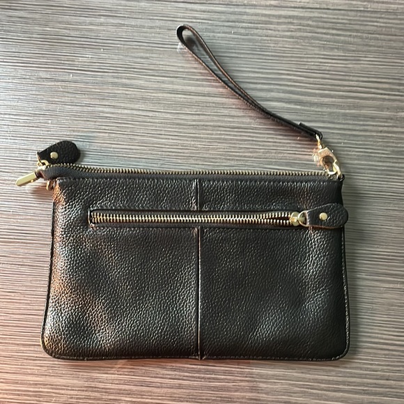 Black leather clutch with optional wristlet and gold hardware - Picture 2 of 5